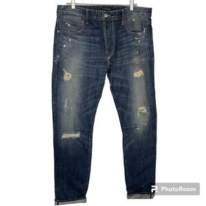 Tackma Men’s Made In USA Distressed Paint Splatter Button Fly Straight Leg Jeans